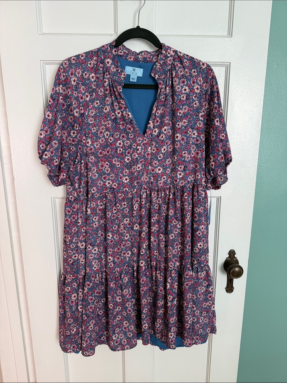 CeCe Blue and Pink Floral Asymmetrical Tiered Dress